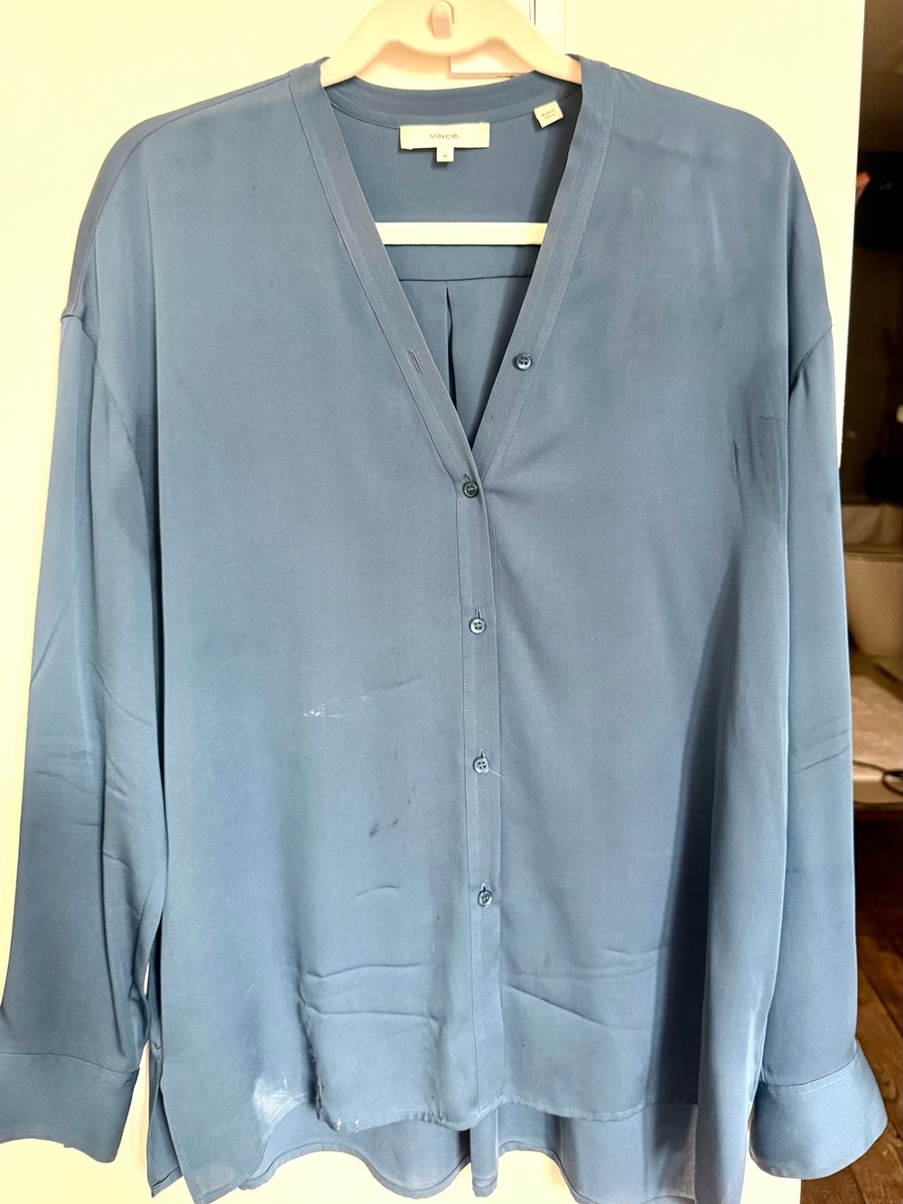 Vince Slate Blue V-Neck Button-Down Silk Shirt